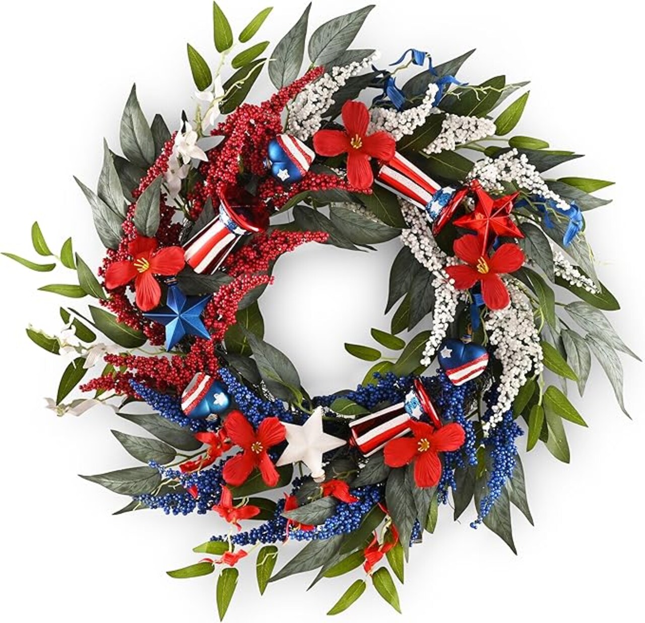 Patriotic Memorial Day Wreath for Front Door, 22 Inch 4th of July Wreaths, Red White Blue Wheat Door Wreath Decorations with Ornaments for Porch for National Holiday